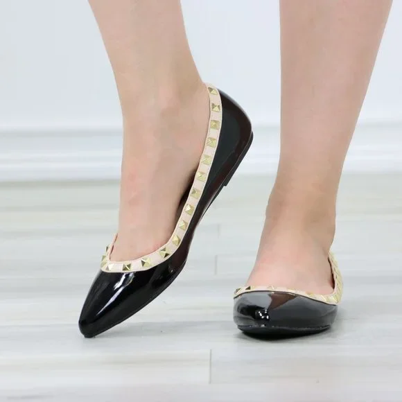 Black Patent Pointed Toe Slip On Flat Shoes Metal Gold Studs - Picture 11 of 11